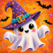 Cute white ghost wearing a purple polka dot witch hat on a bright orange Halloween background with colorful accents and black bats.