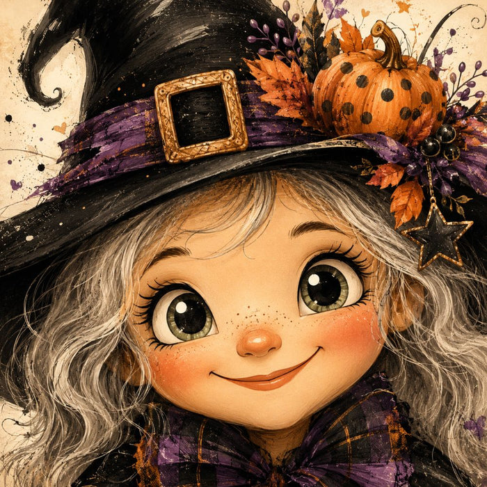 Cute Halloween witch metal wreath sign with black and purple hat, orange polka dot pumpkin, rosy cheeks and whimsical fall accents, TTE-607.