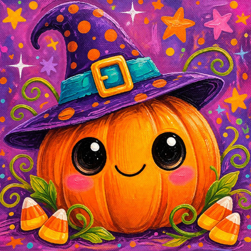 Cute orange pumpkin wearing a purple witch hat with candy corn, stars and colorful Halloween accents.