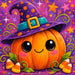 Cute orange pumpkin wearing a purple witch hat with candy corn, stars and colorful Halloween accents.