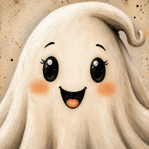 Cute vintage Halloween ghost metal wreath sign with big black eyes, rosy cheeks and smiling face on neutral cream background, TTE-605.