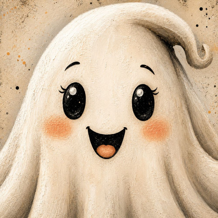 Cute vintage Halloween ghost metal wreath sign with big black eyes, rosy cheeks and smiling face on neutral cream background, TTE-605.
