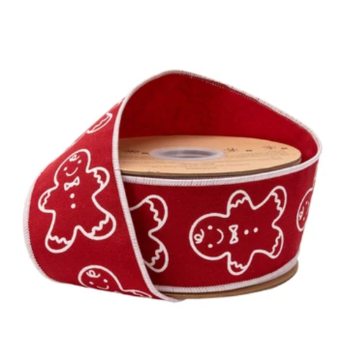 Roll of deep red wired cotton linen ribbon with white gingerbread man outlines and white edges, SKU 9729W-260-63E.