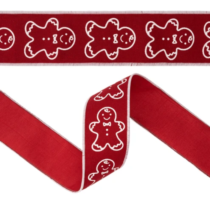 Detail view of red Christmas ribbon featuring repeating white gingerbread men, white wired edges, and red backing, SKU 9729W-260-63E.