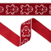 Detail view of red Christmas ribbon featuring repeating white gingerbread men, white wired edges, and red backing, SKU 9729W-260-63E.