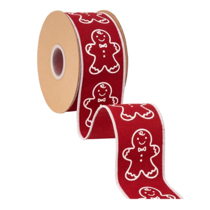 Spool of red cotton linen Christmas ribbon with white gingerbread man designs, shown partially unrolled, SKU 9729W-260-63E.