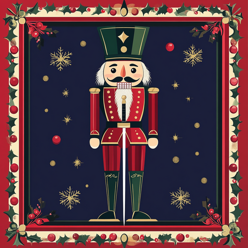 The 10 x 10 Dark Red Nutcracker with Red Border Sign TTE-016 showcases a festive nutcracker soldier in a vibrant red and green uniform with a tall hat, surrounded by golden snowflakes and red berries, set against a dark blue background.