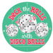 12 inch round metal sign with dark mint green background reading Deck The Halls with Disco Balls featuring silver disco balls and red and pink lettering.