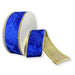 Deep blue crushed velvet wired ribbon with metallic gold backing, 1.5 inches wide by 10 yards