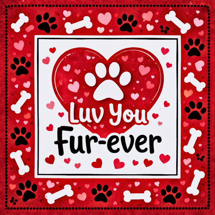 The Luv You Fur-Ever Dog Valentine Metal Sign (TTE-394) features red and white hearts, paw prints, bones, and a paw-in-heart design—perfect pet-themed Valentine décor or wreath sign for any dog lover.