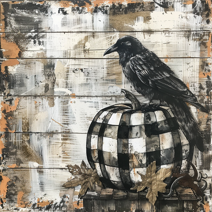 10" Trendy Tree Crow/Black/White/Check Pumpkin Square Metal Sign TT-152