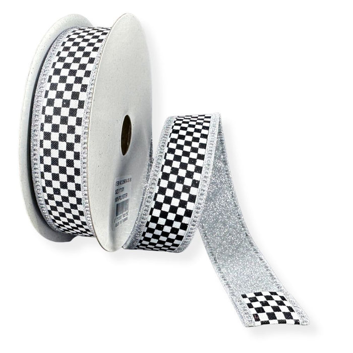 1-inch black and white check wired ribbon with a silver glitter backing on a 10-yard roll for wreaths, bows, and seasonal decorating.