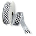 1-inch black and white check wired ribbon with a silver glitter backing on a 10-yard roll for wreaths, bows, and seasonal decorating.