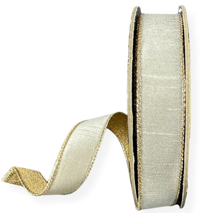 Ivory velvet wired ribbon with champagne glitter back, 1 inch by 10 yards.