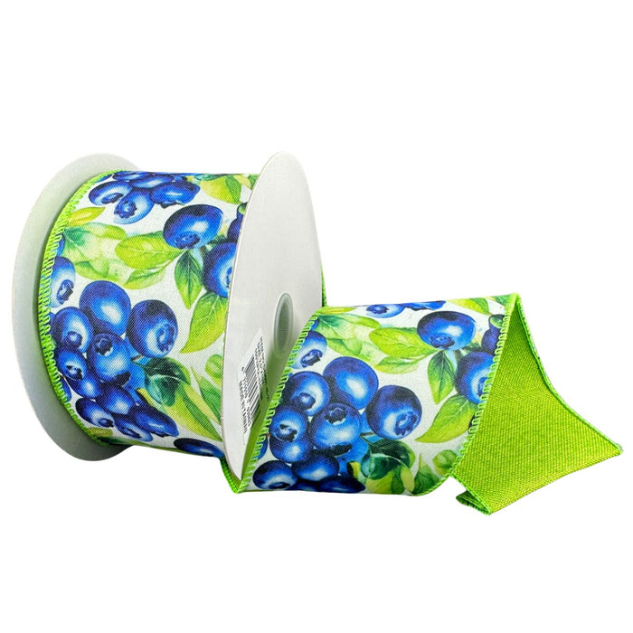 2.5 inch wired double sided ribbon with jumbo blueberries and lime green back for summer wreath making SKU D43607-40-27