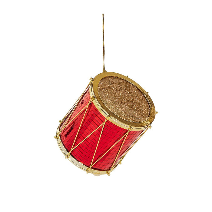 The Red & Gold Christmas Drum Ornaments – 3 Sizes | RAZ 4516726 features a shiny red and gold drum with a glittery top, elegantly suspended by a thin gold string—perfect for adding a festive touch to any collection of holiday decorations or Christmas drum ornaments, shown here isolated on a white background.