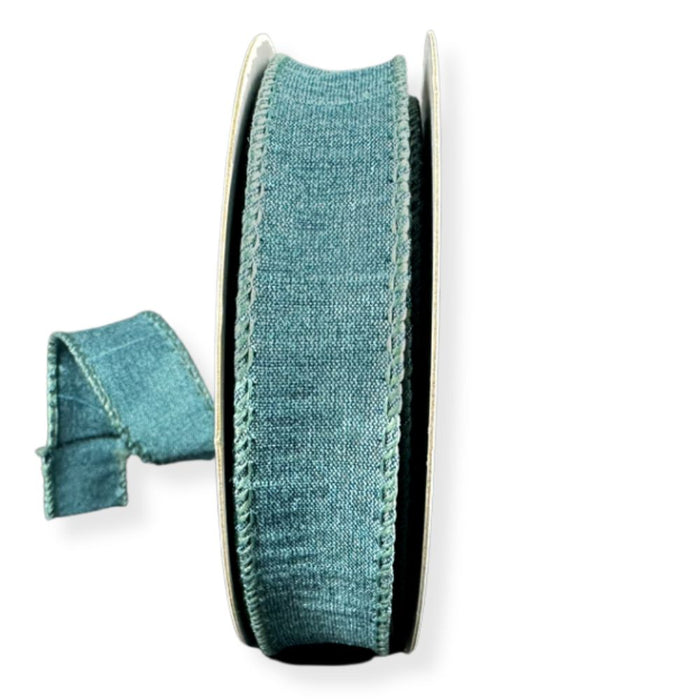 7/8-inch dusty blue faux dupioni wired ribbon on a 10-yard roll with a woven texture for wreaths, accent bows, gift wrapping, and floral designs.