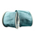 Two spools of 2.5" dusty blue faux dupioni wired ribbon with a silk-like finish, featuring unfinished edges, partially unrolled and displayed against a white background.