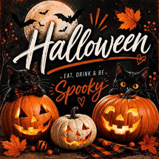 Eat, Drink & Be Spooky Halloween metal sign featuring black cats, glowing jack-o'-lanterns, a full moon, bats, and autumn leaves. Exclusive Trendy Tree Design. SKU TTE-540.