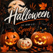 Eat, Drink & Be Spooky Halloween metal sign featuring black cats, glowing jack-o'-lanterns, a full moon, bats, and autumn leaves. Exclusive Trendy Tree Design. SKU TTE-540.