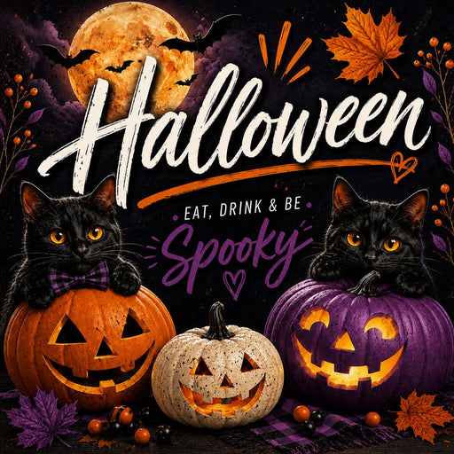 Eat, Drink & Be Spooky Halloween metal sign featuring black cats, purple and orange jack-o'-lanterns, a glowing full moon, bats, and autumn leaves. Exclusive Trendy Tree Design. SKU TTE-543.