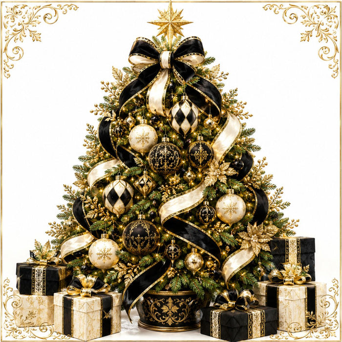 Elegant black and gold Christmas tree with ivory ribbon, ornate ornaments, black bow and coordinating wrapped gifts