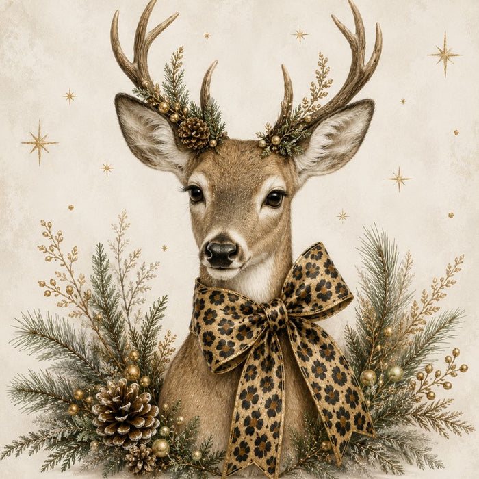 Elegant Christmas deer with animal print leopard bow, winter greenery, pinecones and gold accents on metal wreath sign TTE-598.