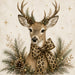 Elegant Christmas deer with animal print leopard bow, winter greenery, pinecones and gold accents on metal wreath sign TTE-598.