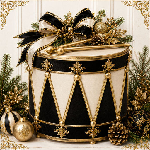 Elegant black ivory and gold Christmas drum metal sign with bow, evergreen greenery, ornaments and gold accents TTE-772