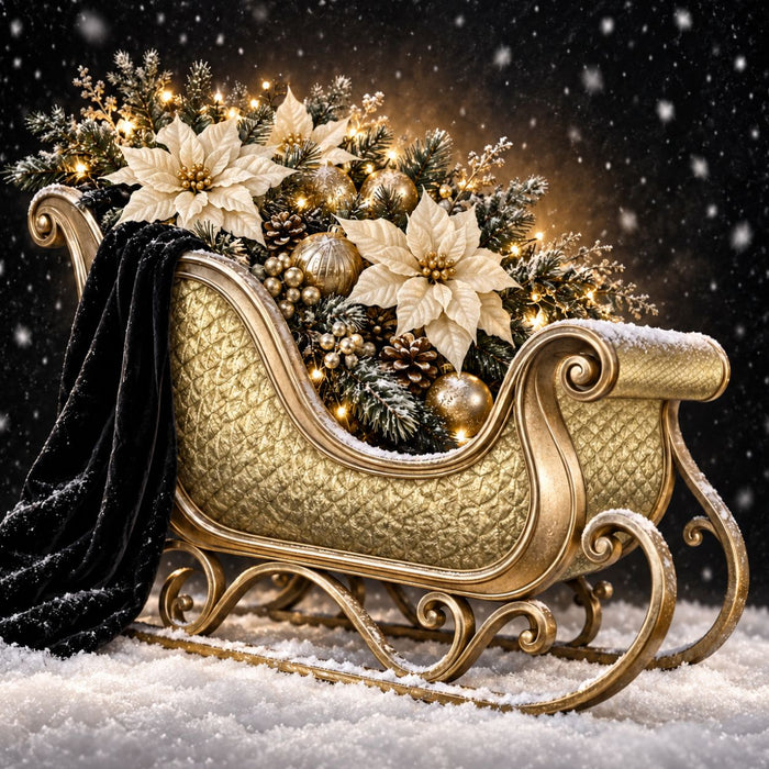 Elegant gold Christmas sleigh metal sign with white poinsettias, evergreen greenery, gold ornaments and black snowy background