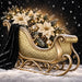 Elegant gold Christmas sleigh metal sign with white poinsettias, evergreen greenery, gold ornaments and black snowy background
