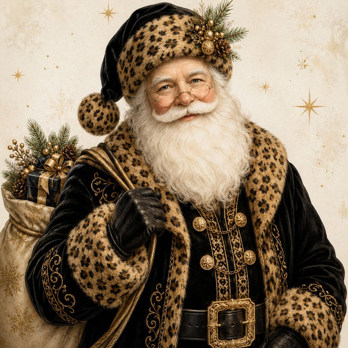 Elegant Santa in black and gold with leopard print animal trim, winter greenery and gifts on Christmas metal wreath sign TTE-599.
