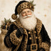 Elegant Santa in black and gold with leopard print animal trim, winter greenery and gifts on Christmas metal wreath sign TTE-599.