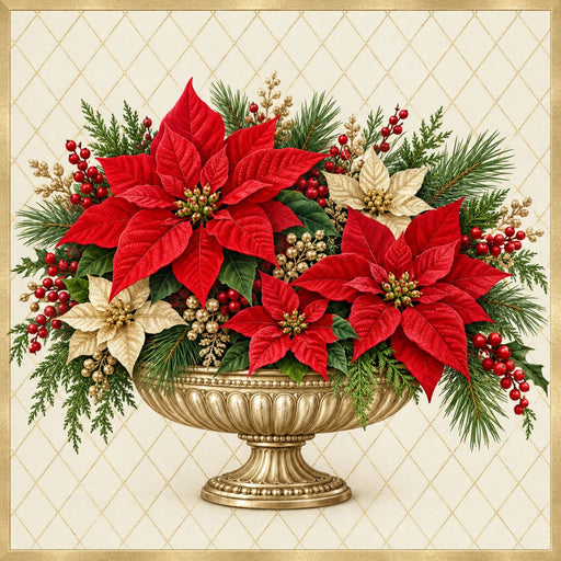 Elegant red and gold poinsettia Christmas arrangement with berries and evergreen in a gol