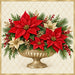 Elegant red and gold poinsettia Christmas arrangement with berries and evergreen in a gol