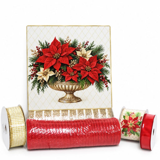 Elegant poinsettia wreath supply bundle with a metal sign featuring red and cream poinsettias in a gold urn, red and gold deco mesh, and three coordinating ribbons.