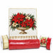 Elegant poinsettia wreath supply bundle with a metal sign featuring red and cream poinsettias in a gold urn, red and gold deco mesh, and three coordinating ribbons.