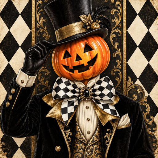 Elegant pumpkin man Halloween metal sign with black and ivory harlequin bow, top hat and gold accents TTE-765