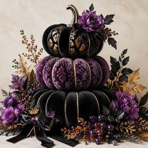 Elegant purple and black stacked pumpkin metal wreath sign with gold accents, purple flowers, berries and black velvet bows, TTE-608.