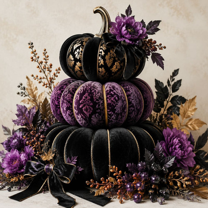 Elegant purple and black stacked pumpkin metal wreath sign with gold accents, purple flowers, berries and black velvet bows, TTE-608.
