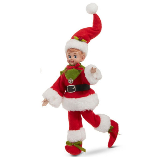 The 10" Vintage Posable Elf 4302469 is adorned in a red and white Santa outfit, complete with a green scarf, shoes, and topped with a red Santa hat featuring a pom-pom. Ideal for decorative use only, this charming elf captures the spirit of Christmas 2023 through its animated pose.
