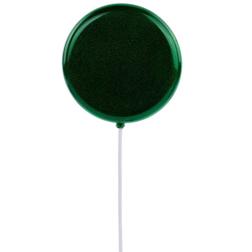 Emerald green glitter decorative lollipop on white stick, 6 inch round plastic ornament pick for Christmas wreaths and holiday decor