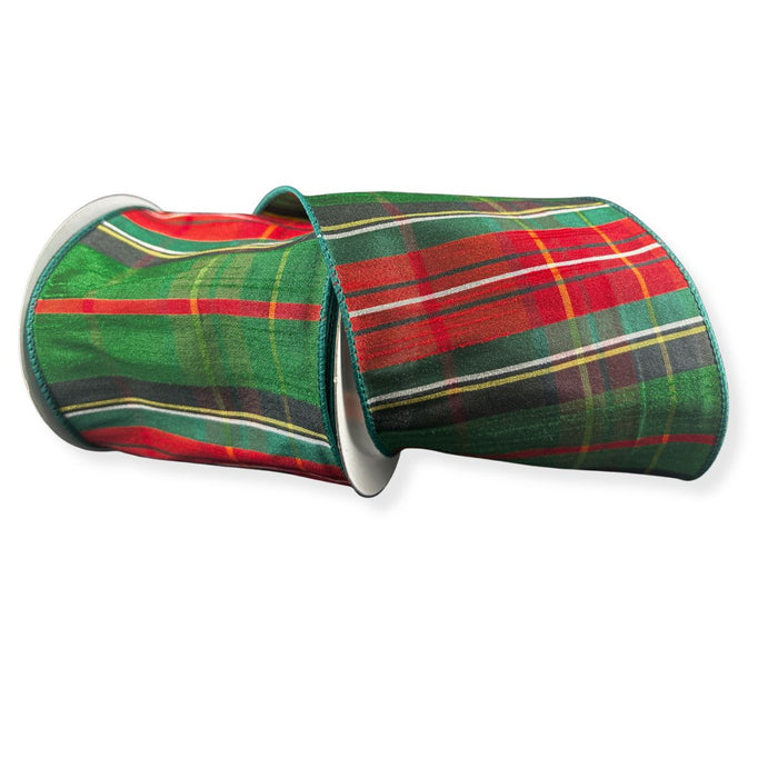 Emerald green, red, black and yellow tartan plaid wired Christmas ribbon, 4 inches wide by 10 yards.