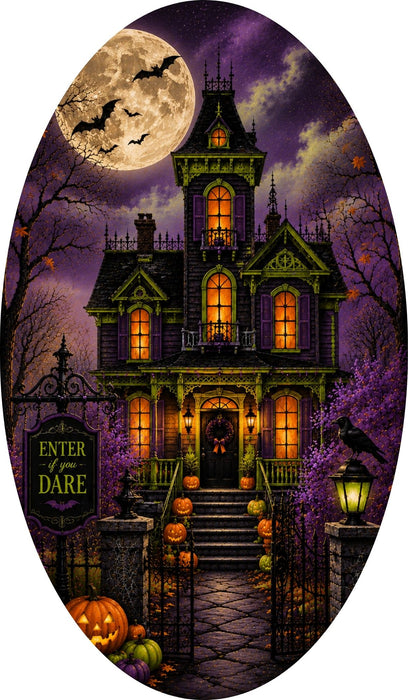 Enter If You Dare 7 x 12 inch oval Halloween metal sign with haunted house, full moon, bats, pumpkins and purple night sky, TTE-656.