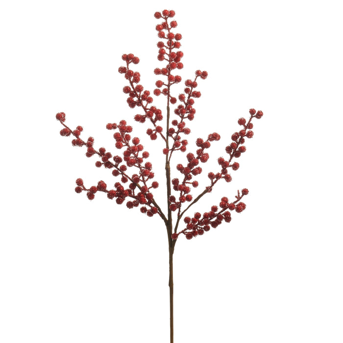 Elevate your seasonal arrangements with the 25″ Iced Red Berry Spray from the RAZ Enchanted Forest Collection (F4606778)—a single brown stem with multiple branches, each adorned with small, round, iced red berry clusters arranged vertically against a white background. This stunning accent is perfect for adding a festive touch to any Christmas décor.