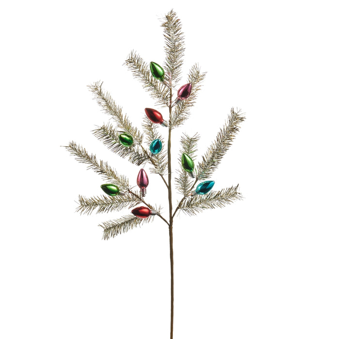 The 32″ Multicolor Light Bulb Tinsel Spray from RAZ Jingle & Joy (F4606785) features sparse branches with silver tinsel needles and is adorned with vintage-style, colorful bulb-shaped ornaments in red, green, and blue, reminiscent of classic Christmas spray décor and displayed against a plain white background.