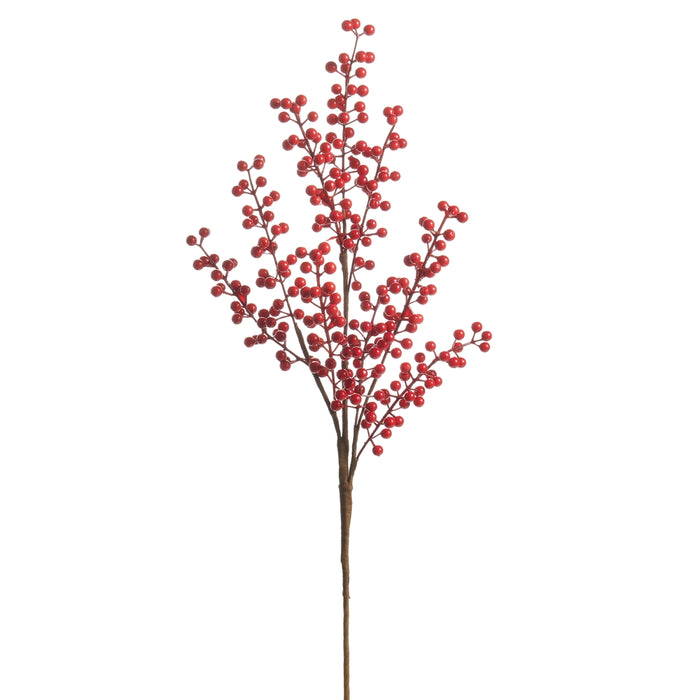 The 25″ Red Berry Spray | RAZ Yuletide Traditions F4606807 features a single brown stem with multiple branches adorned with clusters of small, round red berries, beautifully displayed against a plain white background—making it the perfect accent for holiday décor.