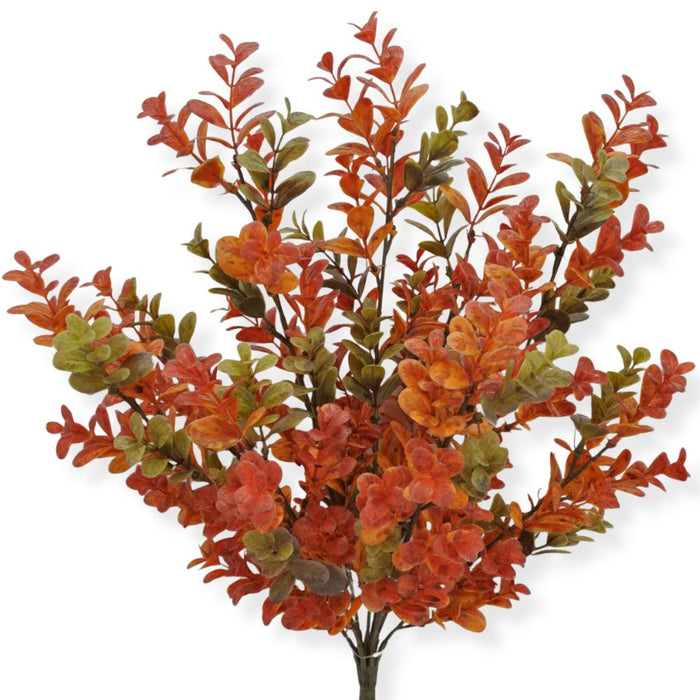 17.5-inch artificial fall boxwood bush with realistic orange, rust, and olive green foliage for wreaths, floral arrangements, and fall decorating.