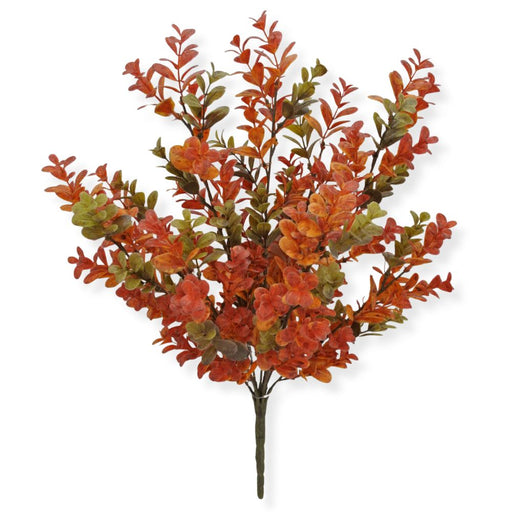 17.5-inch artificial fall boxwood bush with realistic orange, rust, and olive green foliage for wreaths, floral arrangements, and fall decorating.