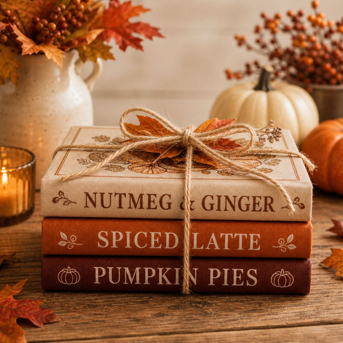 10 x 10 metal wreath sign featuring a cozy stack of autumn cookbooks with pumpkins, fall leaves, and candlelight. Exclusive Trendy Tree Design for deco mesh wreaths, grapevine wreaths, or framing. SKU TTE-478.